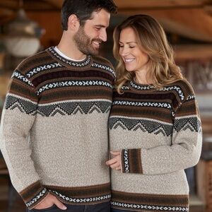 Unisex Beige Patterned Alpaca Sweater - Made in Peru